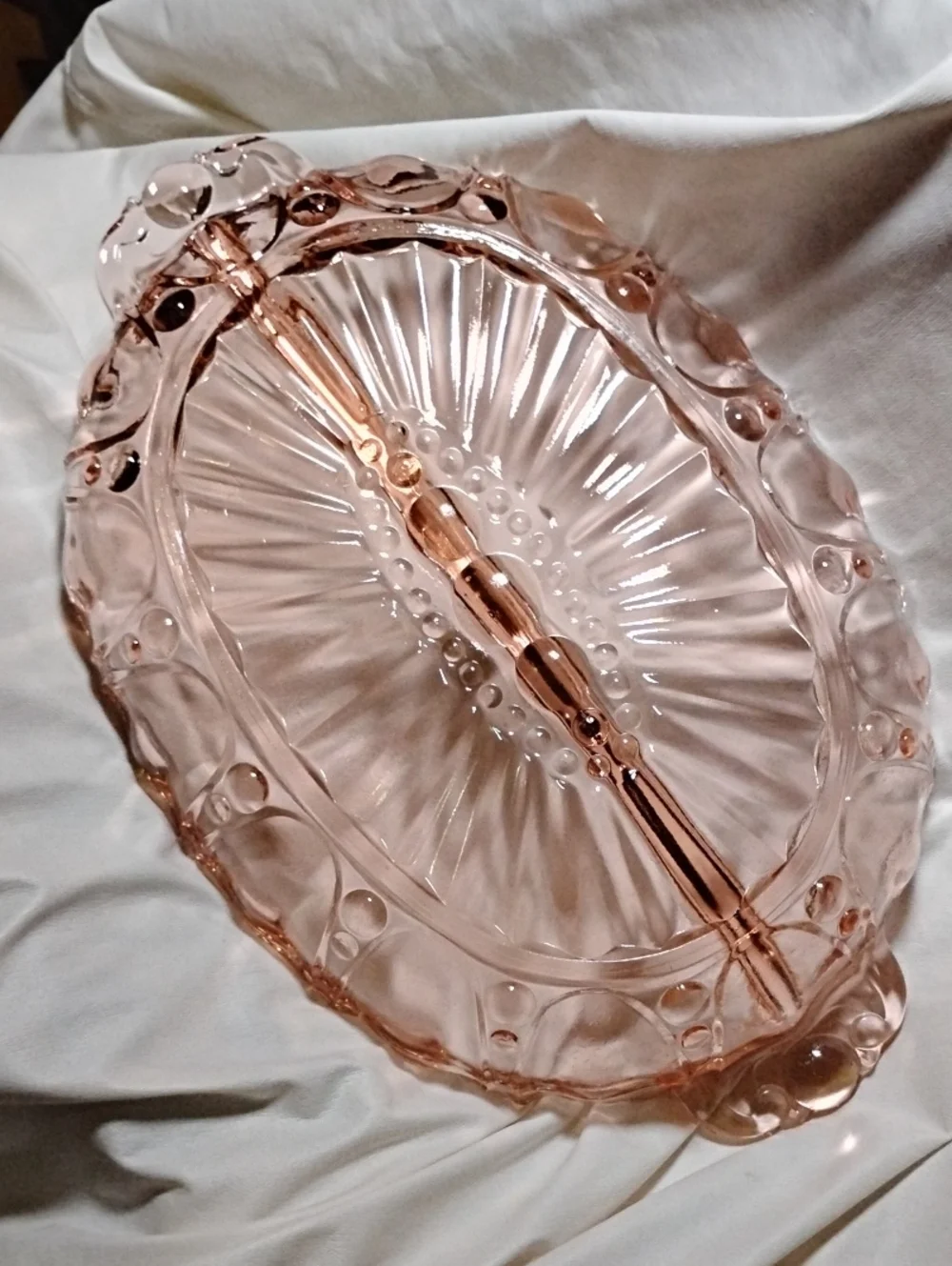 divided oval pink Depression Glass Oyster & Pearl Relish Dish Anchor Hocking Vtg